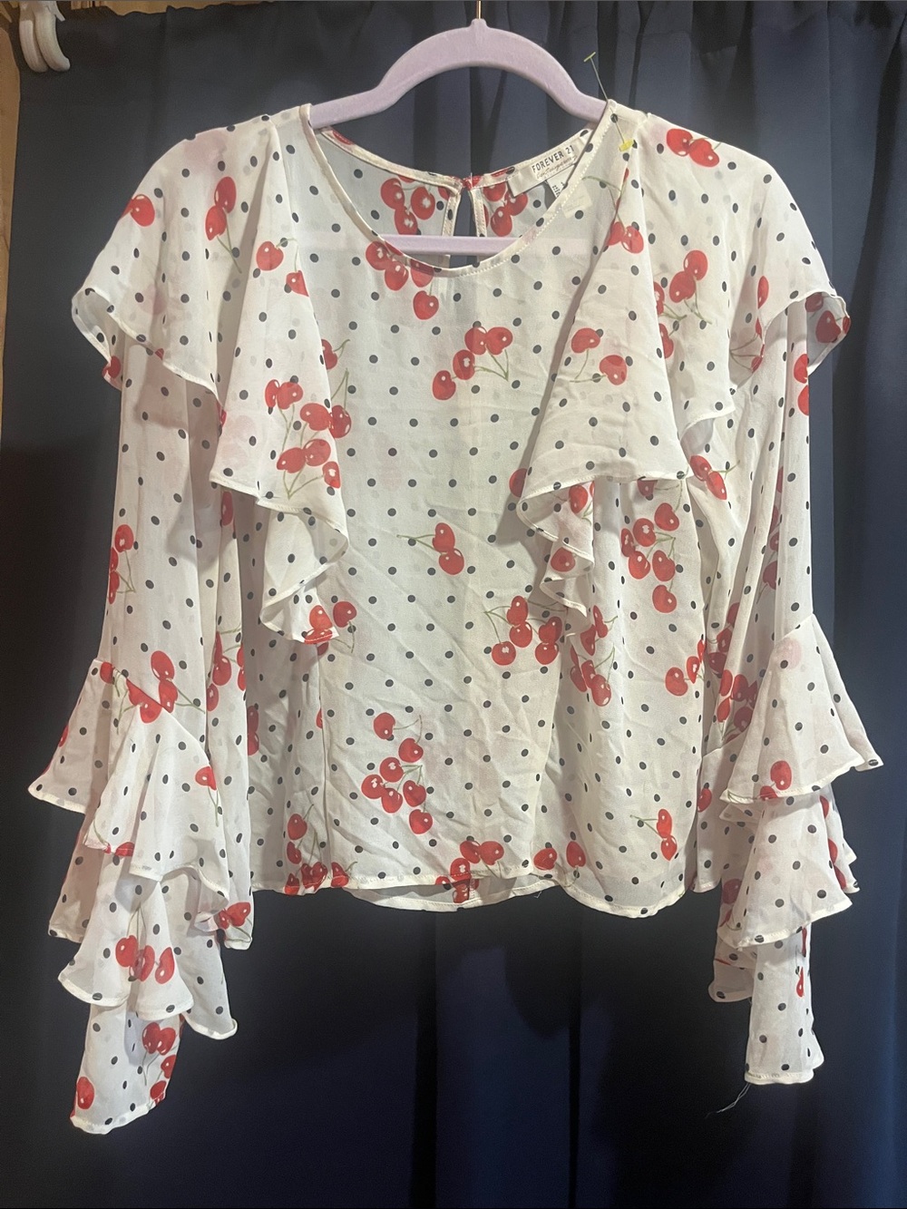 Forever 21 White Chiffon Ruffle Blouse with Red Cherry & Black Polka Dots